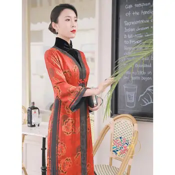 2023 новое улучшенное пальто в китайском стиле чонсам с цветочным принтом, весенне-осеннее новое женское элегантное длинное платье ципао в стиле ретро s32