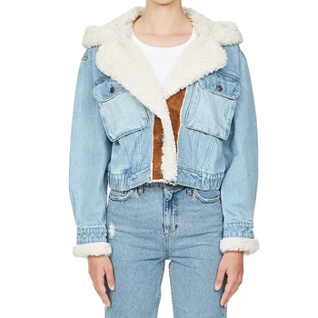 Женская джинсовая Лоскутная нагрудные ягнят шерсти пальто зимняя теплая флисовая толстая верхняя одежда мода с капюшоном хлопка-ватник