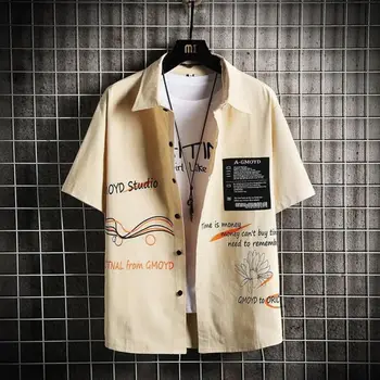 Рубашки оверсайз с граффити, мужская Японская мода, мужская уличная одежда в стиле Харадзюку, мужская рубашка с коротким рукавом, повседневная, с принтом в стиле пэчворк