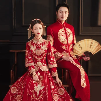 Женская одежда Xiuhe 2023, Новый Свадебный костюм для Пары Чонсам в Китайском Стиле с Драконом и Фениксом, Свадебные Вечерние Платья для Тостов Ципао