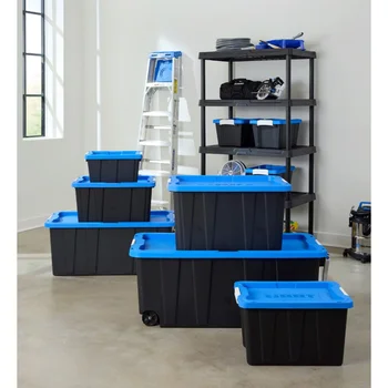 Пластиковый Контейнер для хранения HART объемом 5 галлонов с защелкой, Черное основание с синей крышкой, Набор из 4 ящиков-органайзеров для хранения