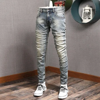 Модные мужские джинсы в итальянском стиле, эластичные рваные джинсы в стиле ретро, Мужские брюки, Винтажные Дизайнерские повседневные джинсовые брюки Hombre