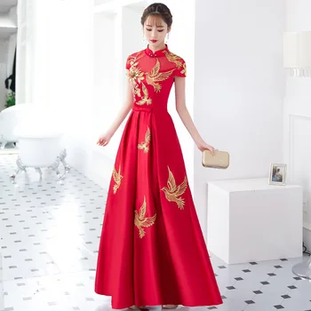 Леди Чонсам в китайском стиле, Сексуальный Красный Перспективный Ципао с коротким рукавом, Изысканная вышивка, Цветочное Праздничное платье Grace